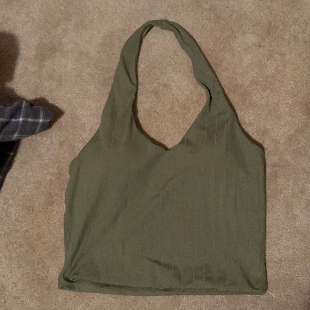 Olive Halter Ribbed Tank Top - Women